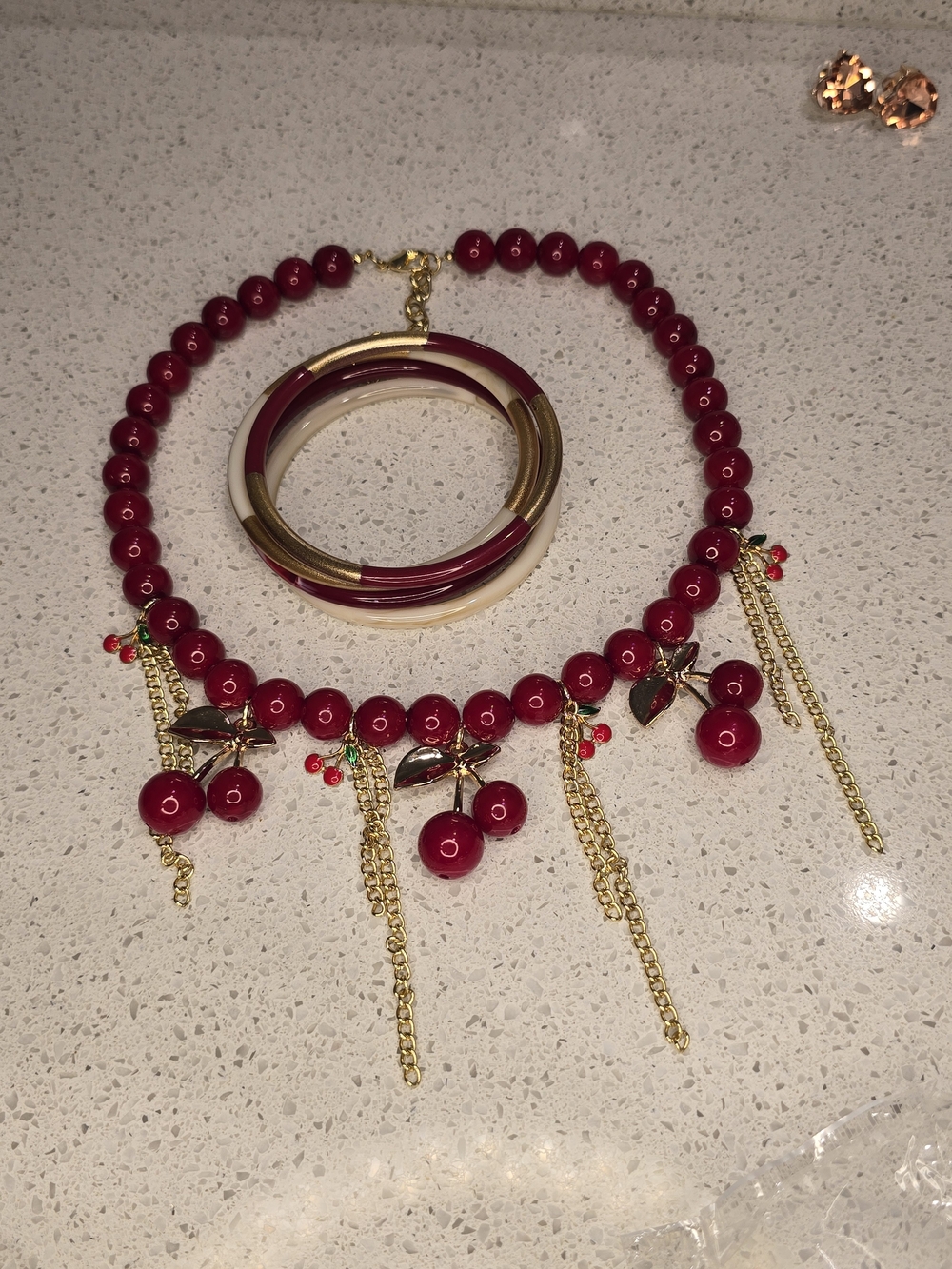 Red Beaded Cherry Charm Necklace with Gold Chain Accents